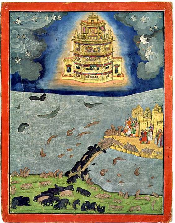 The resplendent Pushpaka Vimana, principal vimana of the Ramayana, soaring through the skies above the Indian Ocean. On the right you can see the island of Lanka, today Sri Lanka, linked by a bridge to the Indian subcontinent (below)