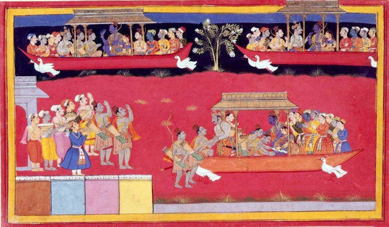 Rama returns to Ayodhya and is cheered by his subjects. In this old illustration from the Ramayana, the Pushpaka Vimana appears three times: twice in mid-flight (above) and once after landing, lower right.