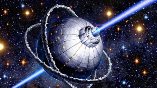 An illustration of a metallic orb-shaped alien spaceship launching twin beams of blue light into space