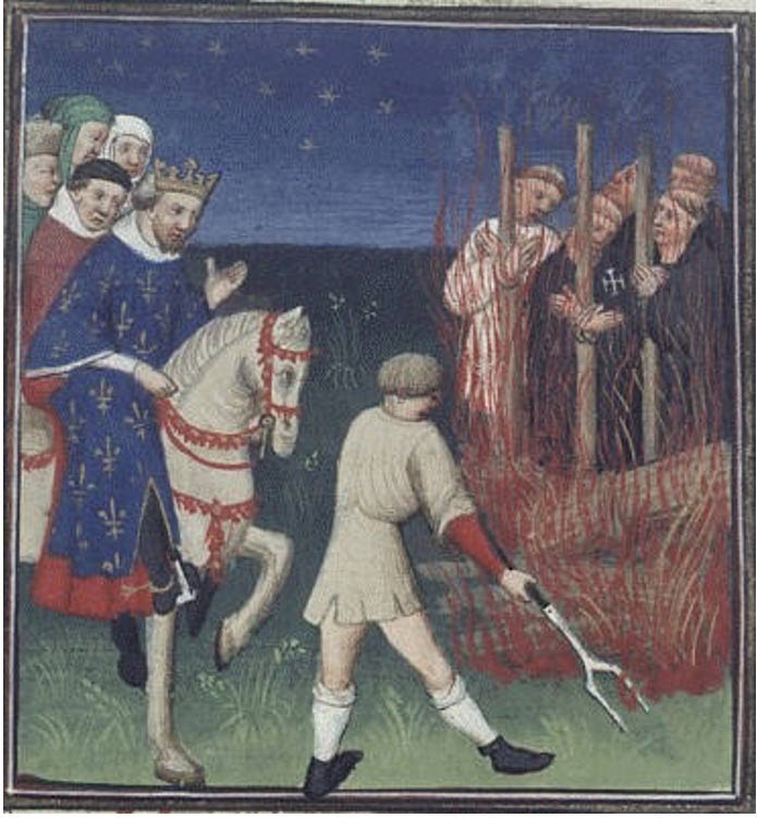 Ejecución de caballeros Templarios ante Felipe el Hermoso. Ilustración del manuscrito de Boccaccio ‘Des cas des nobles hommes et femmes’. (Wikimedia Commons).