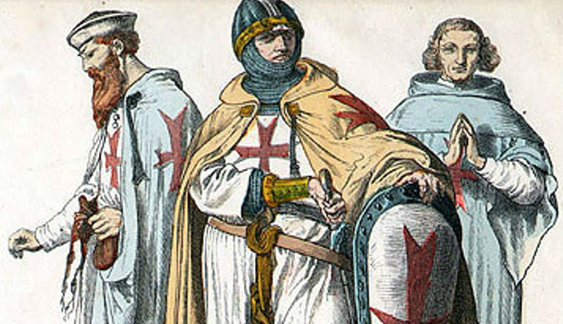 Portada - Ilustración de tres Caballeros Templarios. De izquierda a derecha, hermano-siervo, hermano, y hermano-caballero-sacerdote. Ilustración del Münchener Bilderbogen, 1870.(Wikimedia Commons)