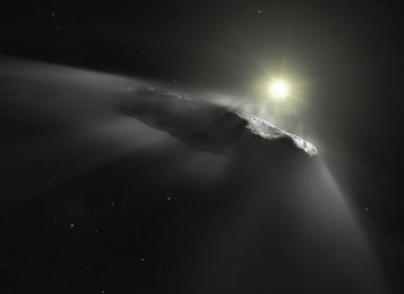 Impresión artística del objeto interestelar 'Oumuamua, experimentando desgasificación cuando abandona nuestro Sistema Solar. La evidencia apunta a su origen como un asteroide de otro sistema, no necesariamente un extraterrestre que buscaba un primer contacto. Crédito: ESA/Hubble, NASA, ESO, M. Kornmesser
