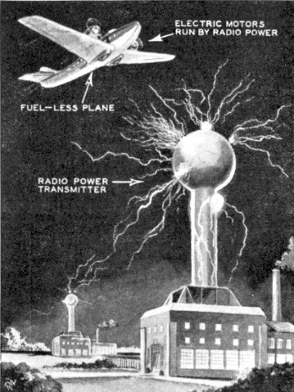 Dibujo especulativo de los transmisores eléctricos inalámbricos ideados por el inventor serbio Nikola Tesla dotando de energía a un aeroplano que no utiliza combustible. Ilustración de una entrevista a Tesla publicada en una revista en el año 1934. (Public Domain)