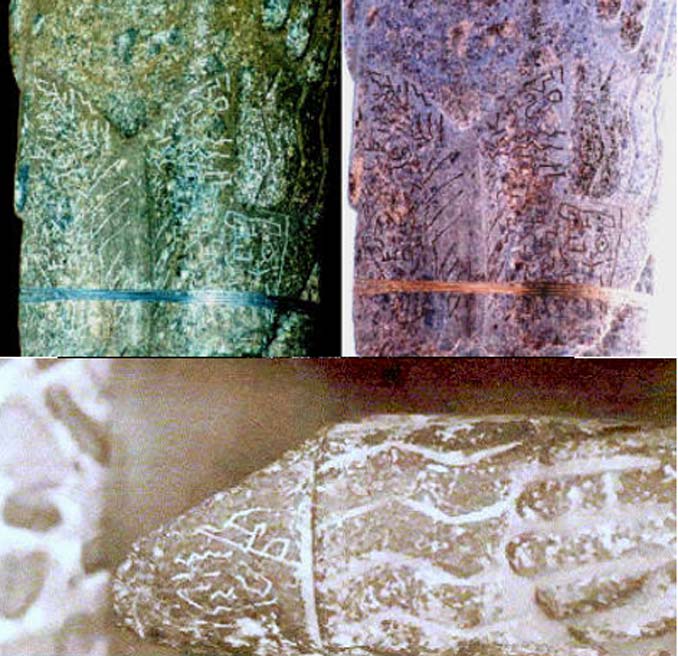 Arriba: Inscripciones en las piernas del Monolito de Pokotia. Abajo: Detalle de las inscripciones sobre la mano izquierda del Monolito de Pokotia.