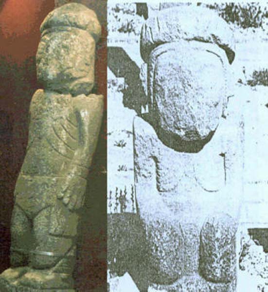 Comparación entre el Monolito de Pokotia y una de las estatuas de Tiahuanaco.