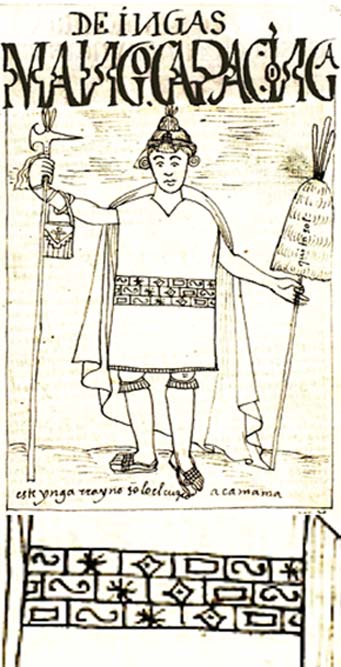Manco Cápac, ilustración de la “Nueva crónica” de Felipe Huamán Poma de Ayala y detalle de los símbolos que decoran las ropas del rey inca.